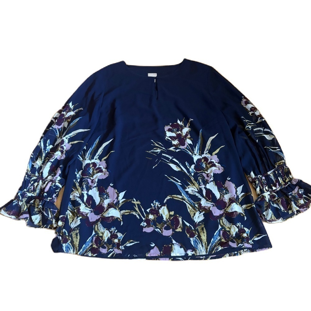 Chico’s Bird of Paradise-Print Pullover Blouse Sz 2 12/14 Blue Floral Blouse Top - Picture 4 of 9